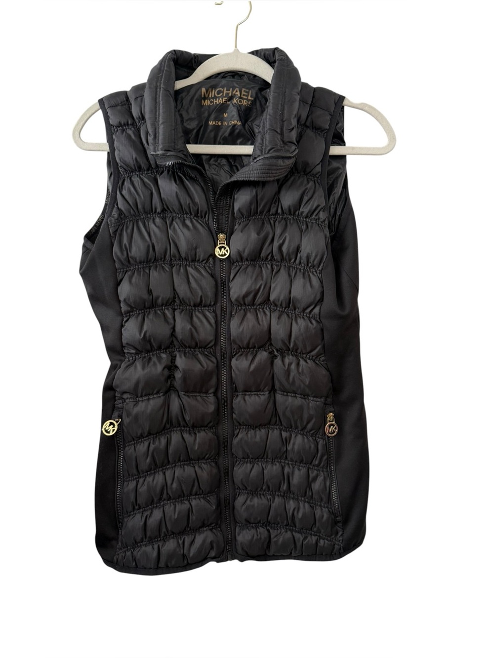 Michael Kors Black Down Puffer Vest Stretch Side Panels Gold Logo Medium
